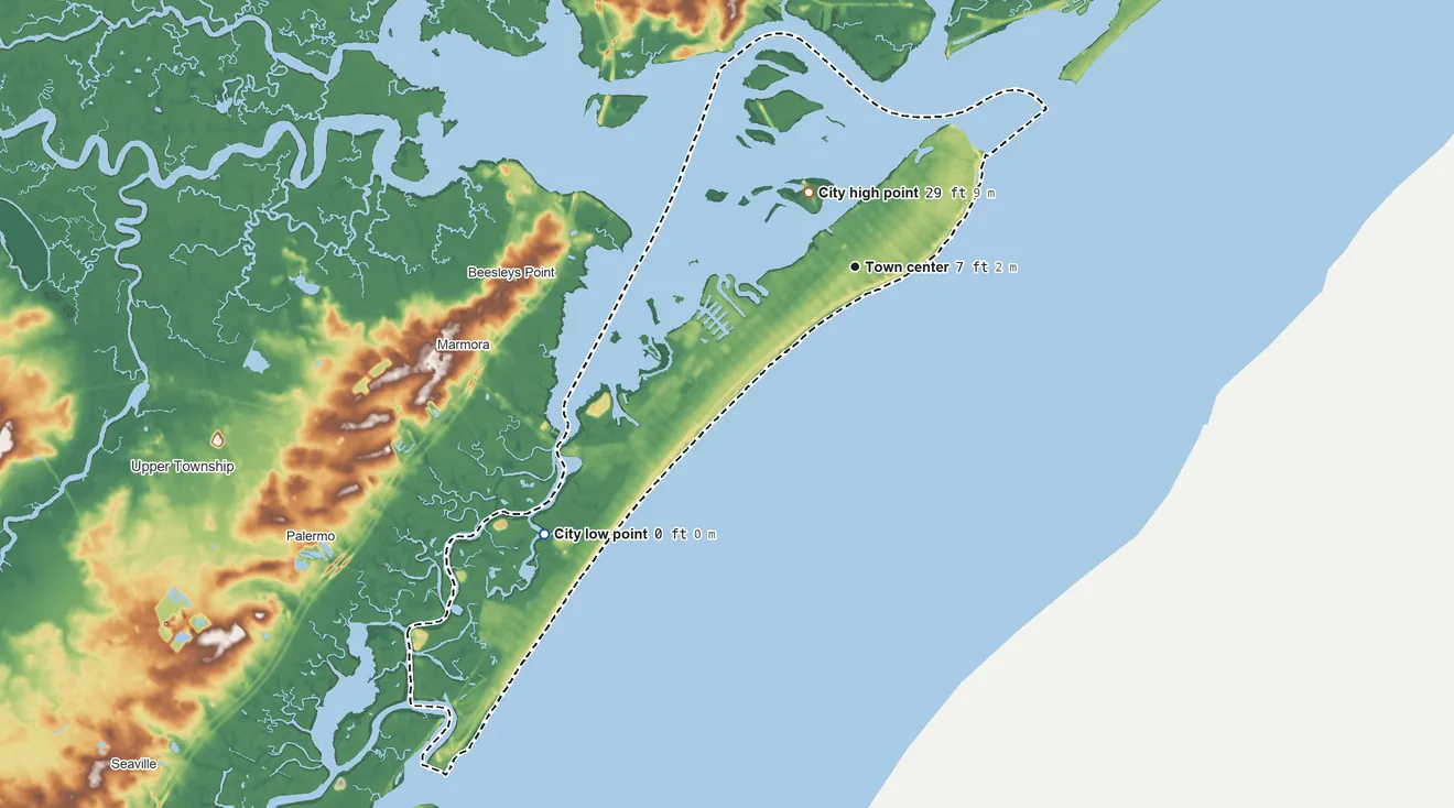 Topographic elevation map of Ocean City, New Jersey, shaded from sea level level on the Atlantic Ocean to 29 ft near the middle