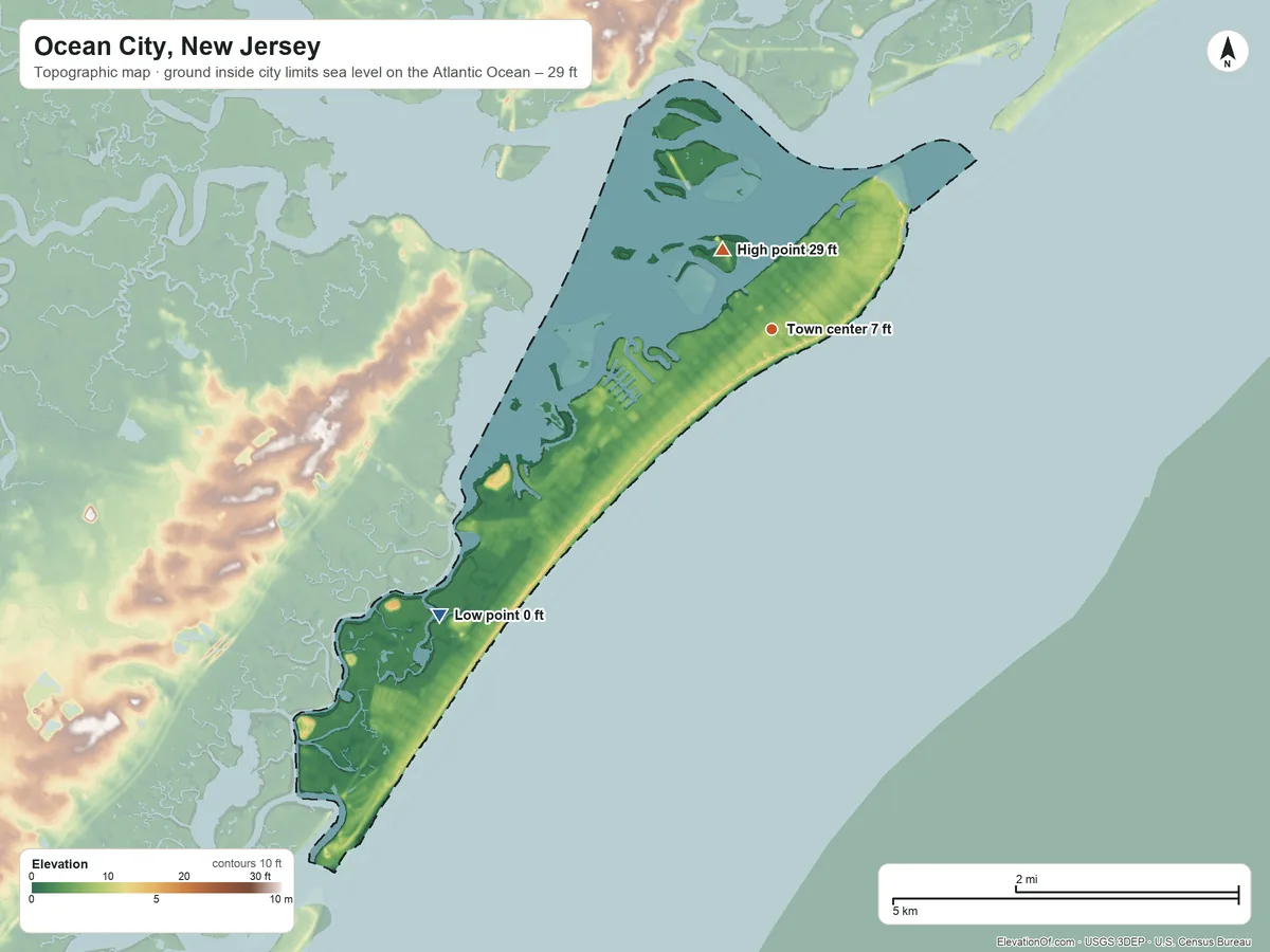 Topographic elevation map of Ocean City, New Jersey, shaded from sea level level on the Atlantic Ocean to 29 ft near the middle