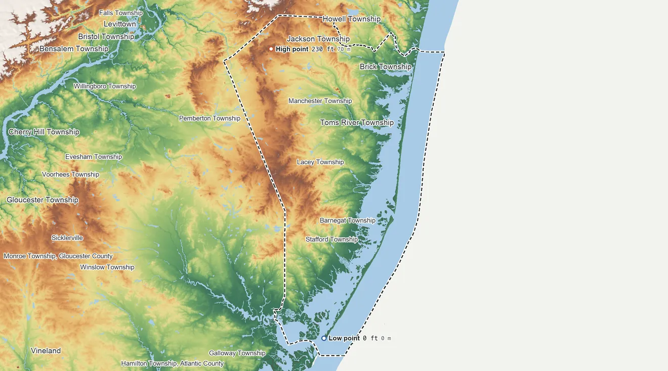 Topographic elevation map of Ocean County, New Jersey, shaded from sea level on Little Egg Harbor to 230 ft on the northwest side