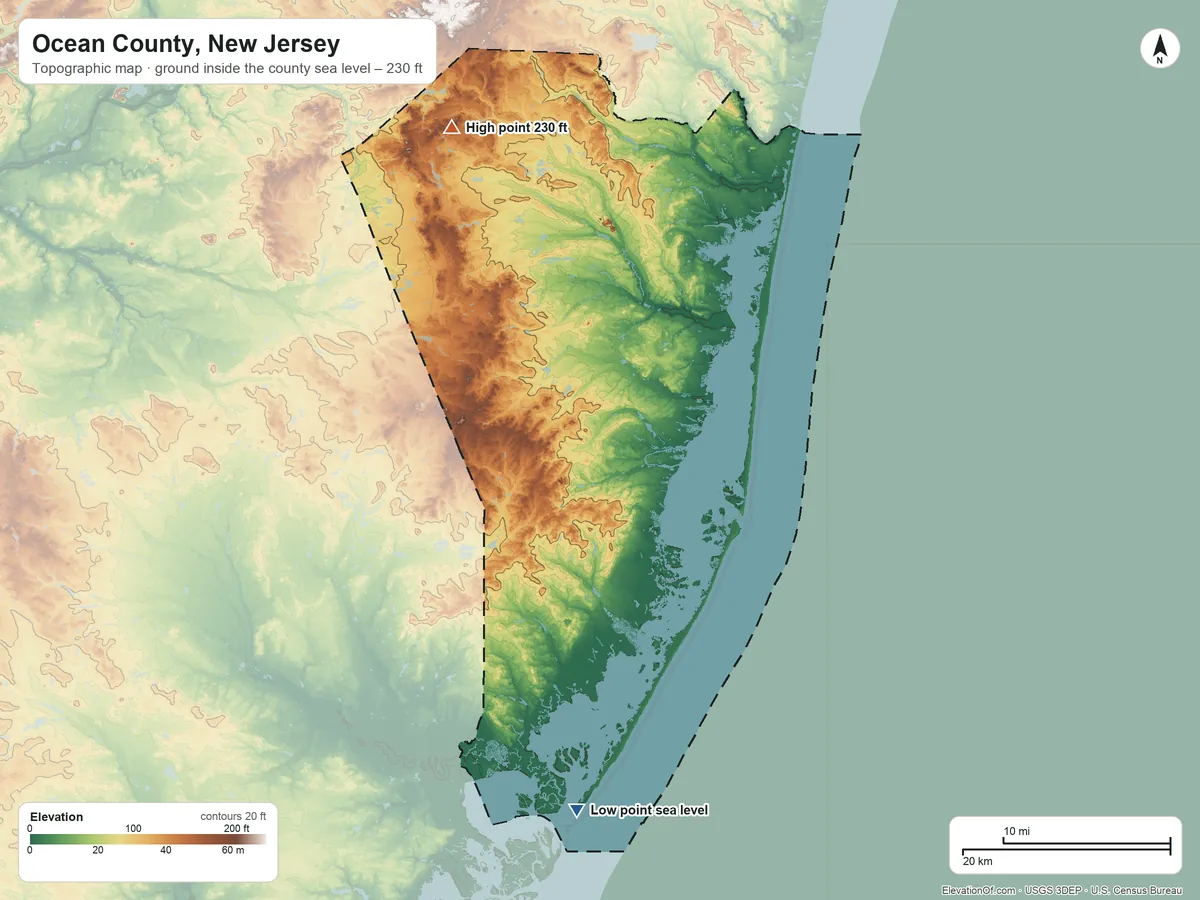 Topographic elevation map of Ocean County, New Jersey, shaded from sea level on Little Egg Harbor to 230 ft on the northwest side