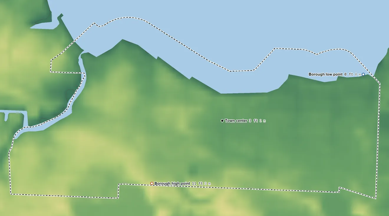 Topographic elevation map of Ocean Gate, New Jersey, shaded from sea level level on Barnegat Bay to 11 ft on the southwest side