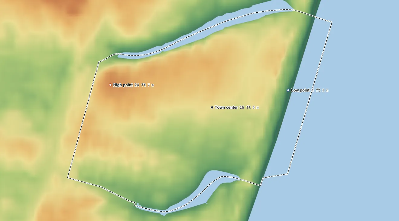 Topographic elevation map of Ocean Grove, New Jersey, shaded from 4 ft on the east side to 24 ft on the west side