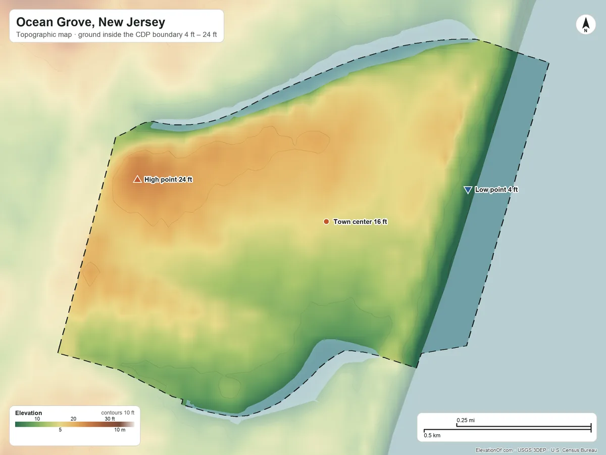 Topographic elevation map of Ocean Grove, New Jersey, shaded from 4 ft on the east side to 24 ft on the west side