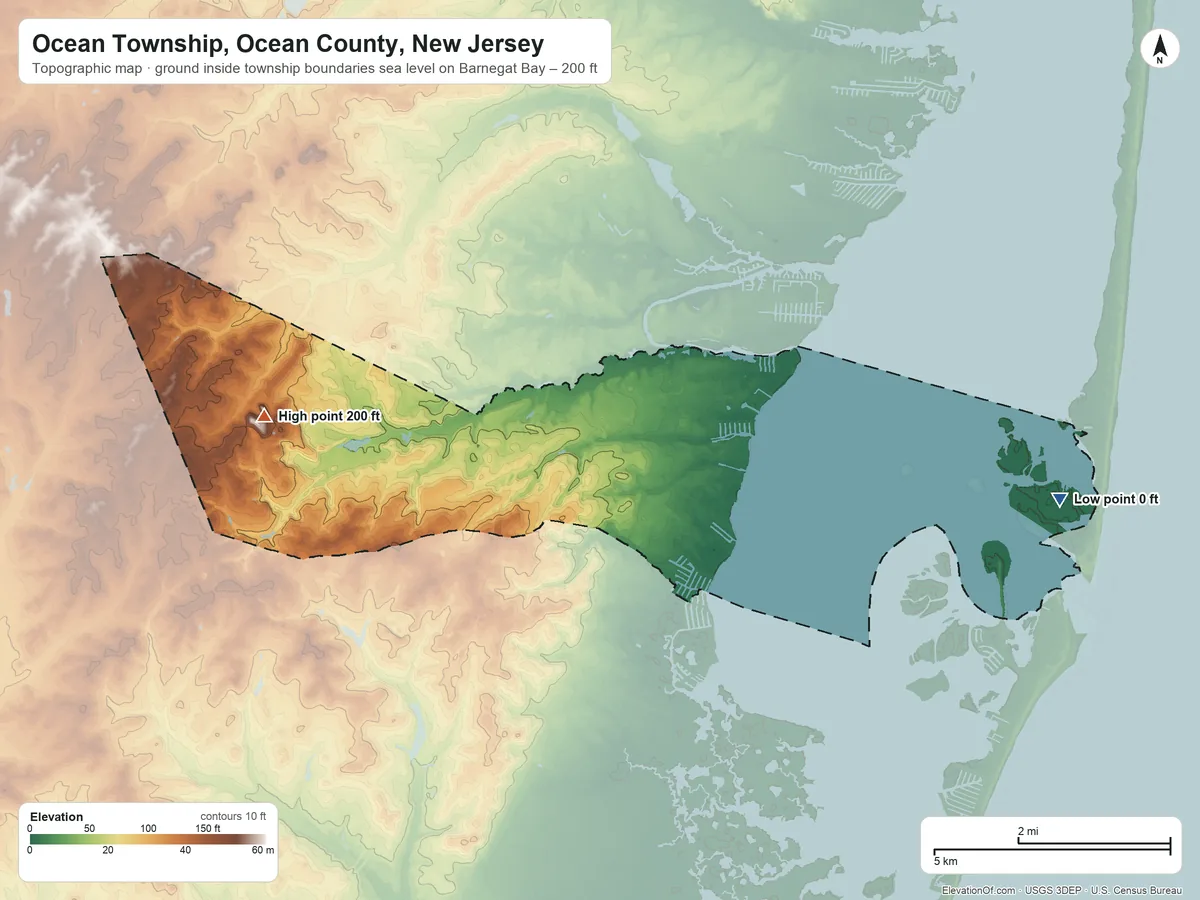 Topographic elevation map of Ocean Township, Ocean County, New Jersey, shaded from sea level level on Barnegat Bay to 200 ft on the west side