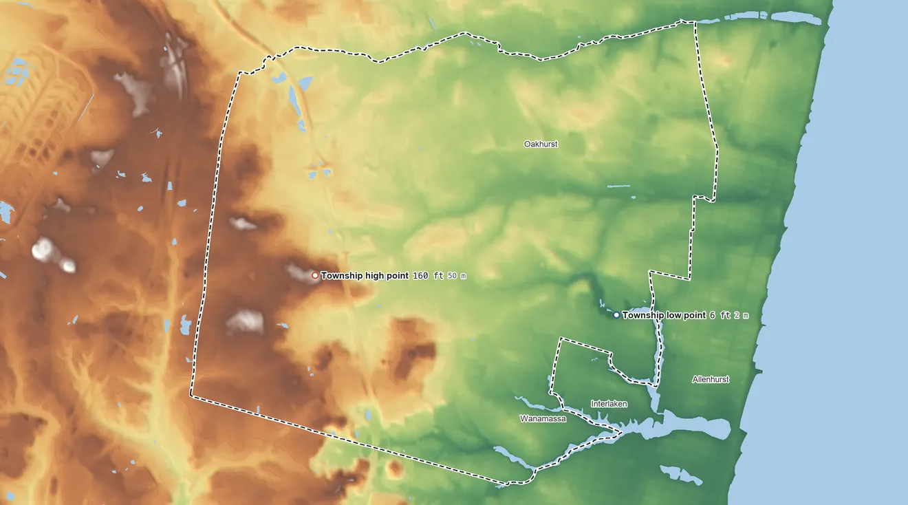 Topographic elevation map of Ocean Township, New Jersey, shaded from 6 ft on the southeast side to 160 ft on the southwest side