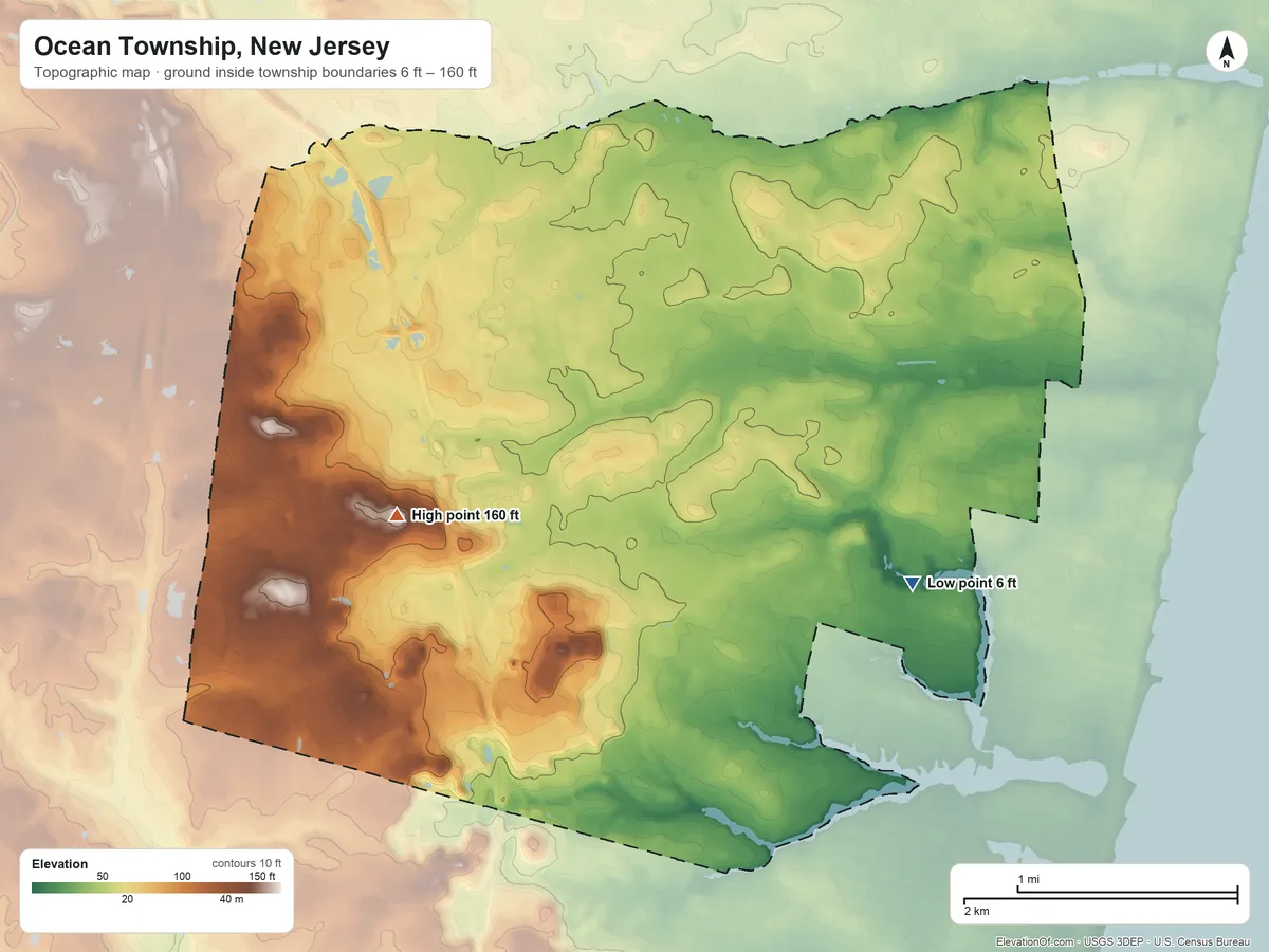 Topographic elevation map of Ocean Township, New Jersey, shaded from 6 ft on the southeast side to 160 ft on the southwest side