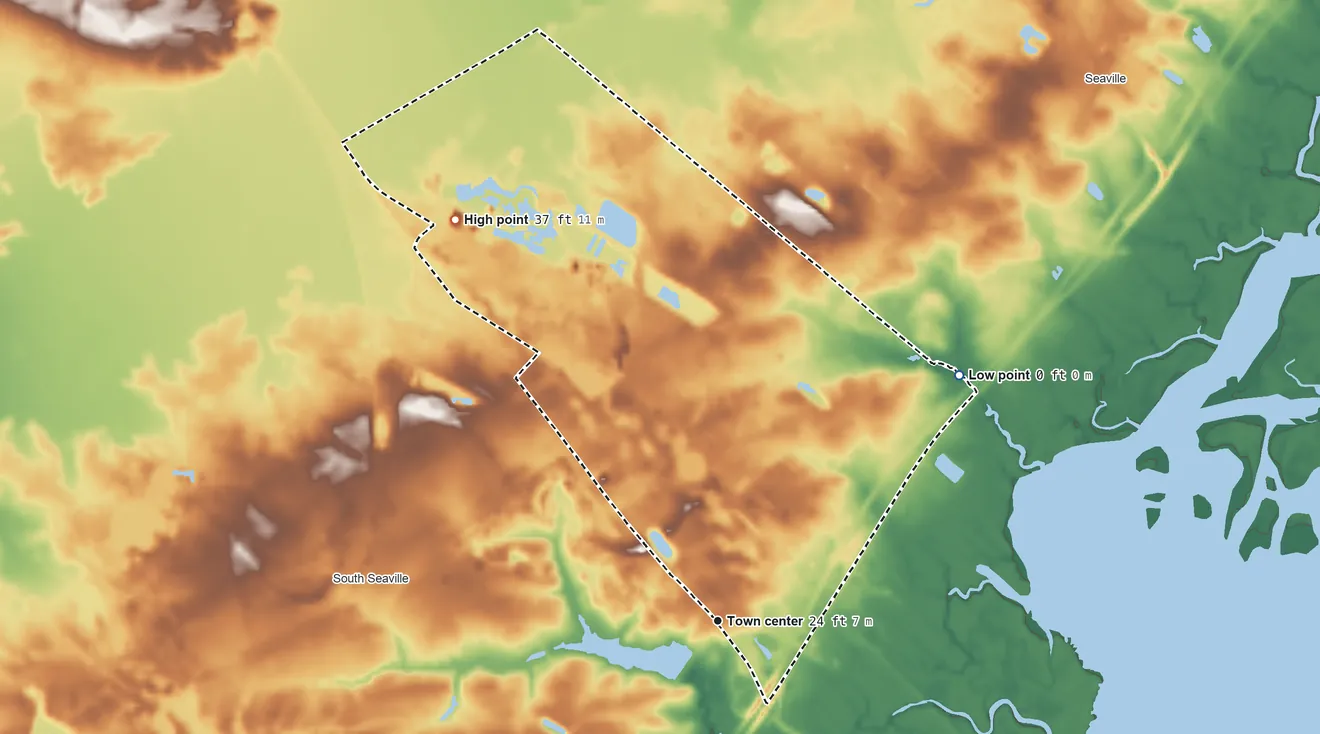 Topographic elevation map of Ocean View, New Jersey, shaded from sea level level on Ludlam Bay to 37 ft on the northwest side