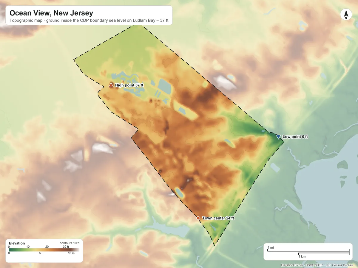 Topographic elevation map of Ocean View, New Jersey, shaded from sea level level on Ludlam Bay to 37 ft on the northwest side