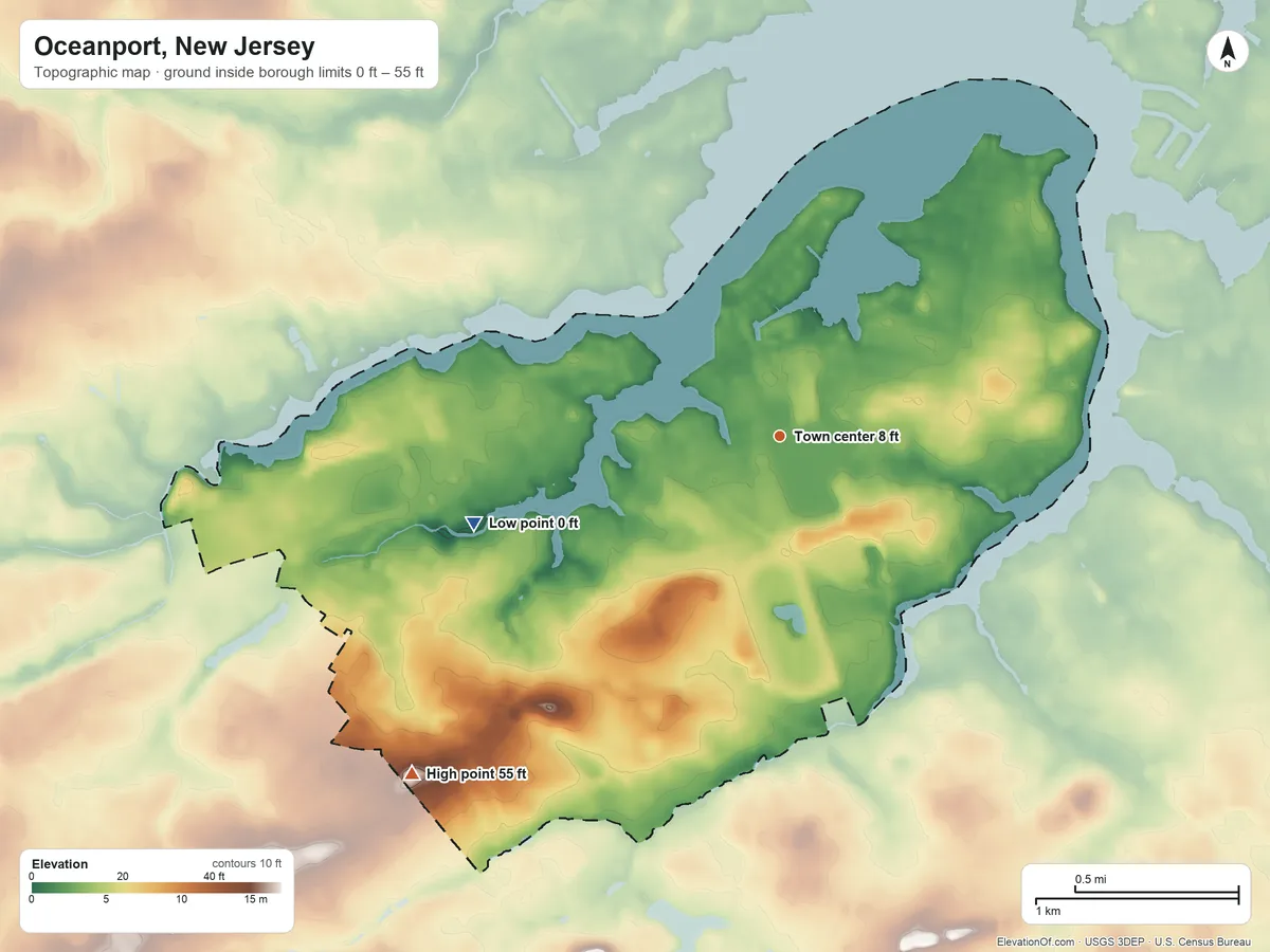 Topographic elevation map of Oceanport, New Jersey, shaded from 0 ft on the west side to 55 ft on the southwest side