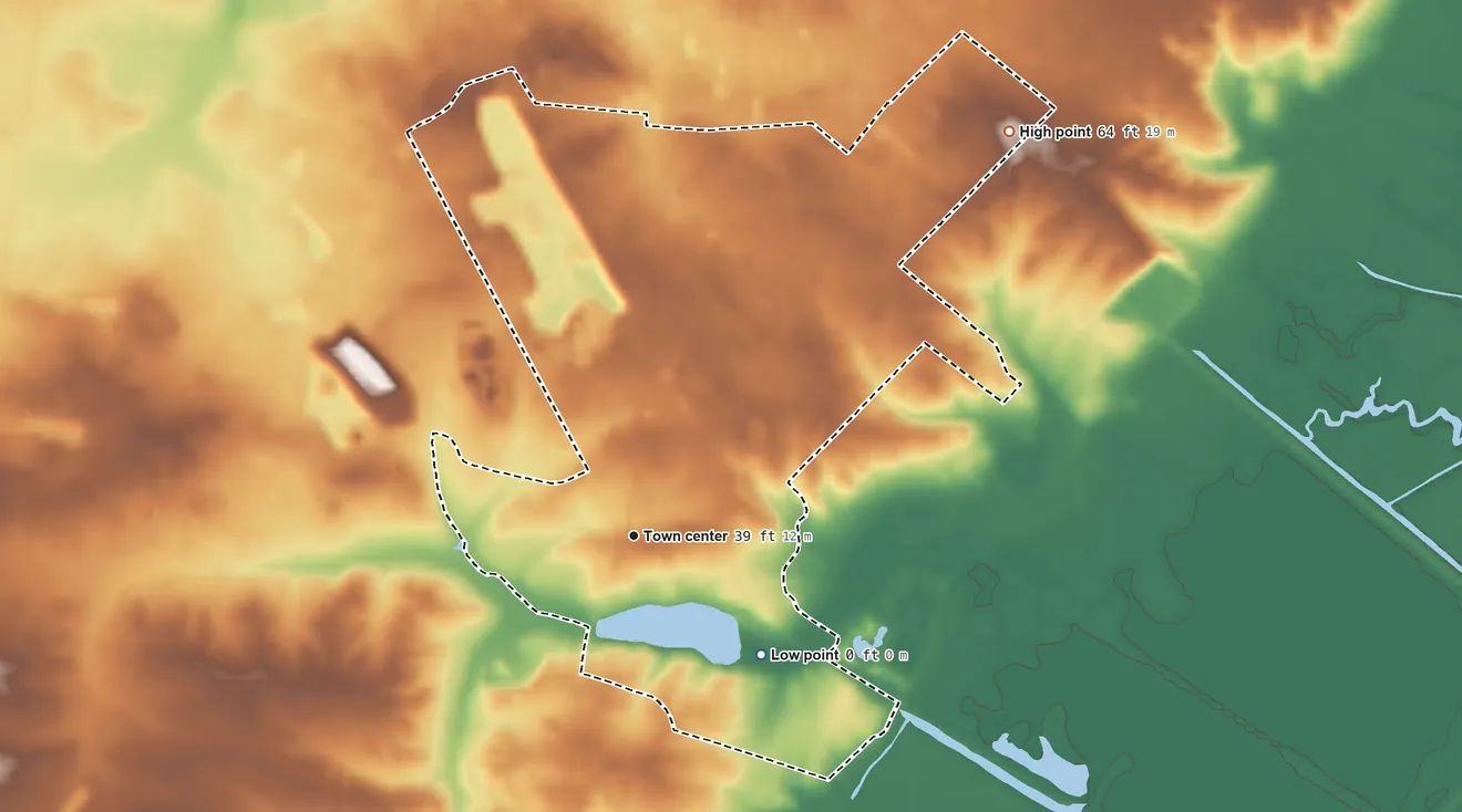 Topographic elevation map of Oceanville, New Jersey, shaded from sea level level on Reeds Bay to 64 ft on the northeast side
