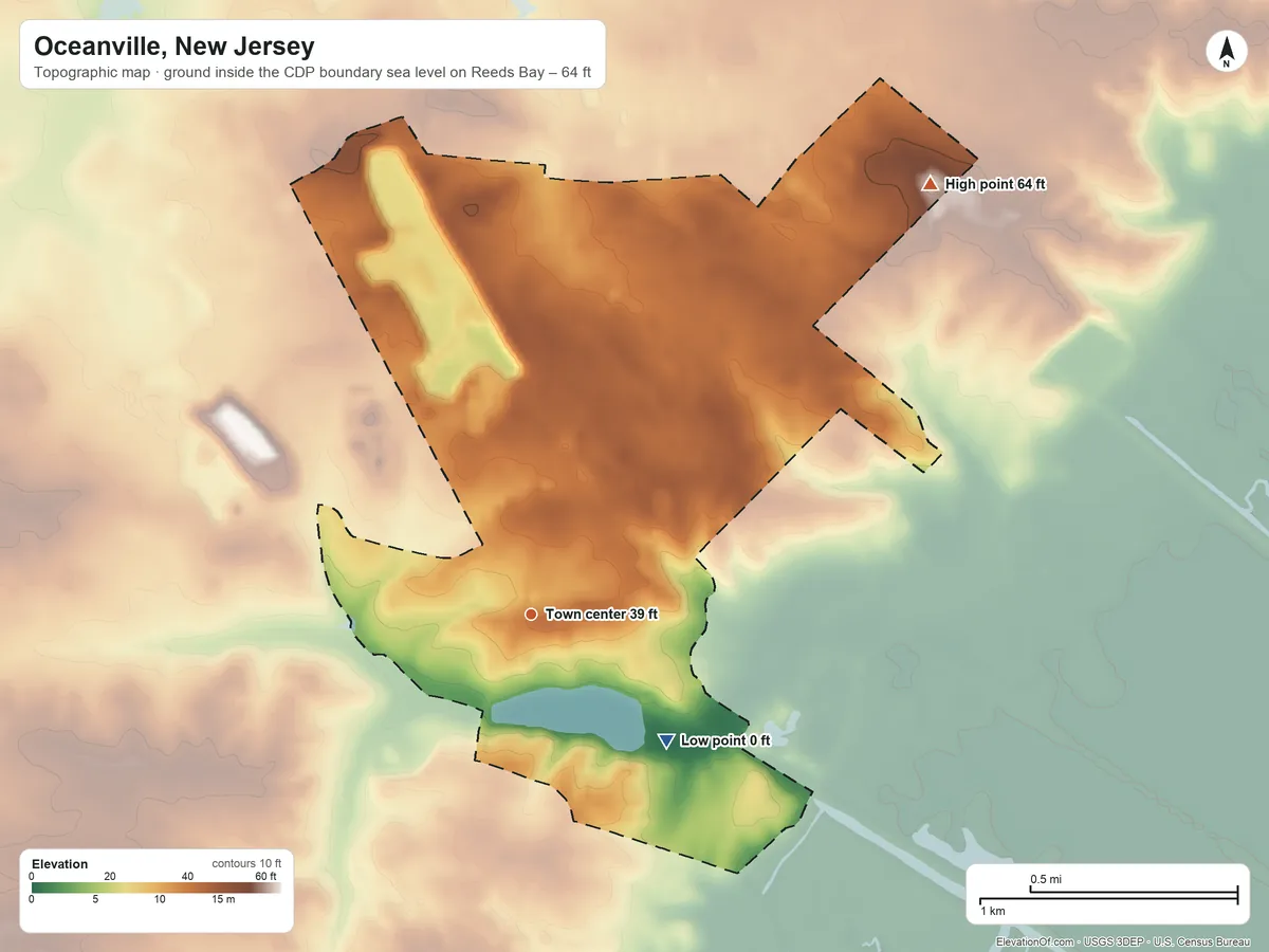 Topographic elevation map of Oceanville, New Jersey, shaded from sea level level on Reeds Bay to 64 ft on the northeast side