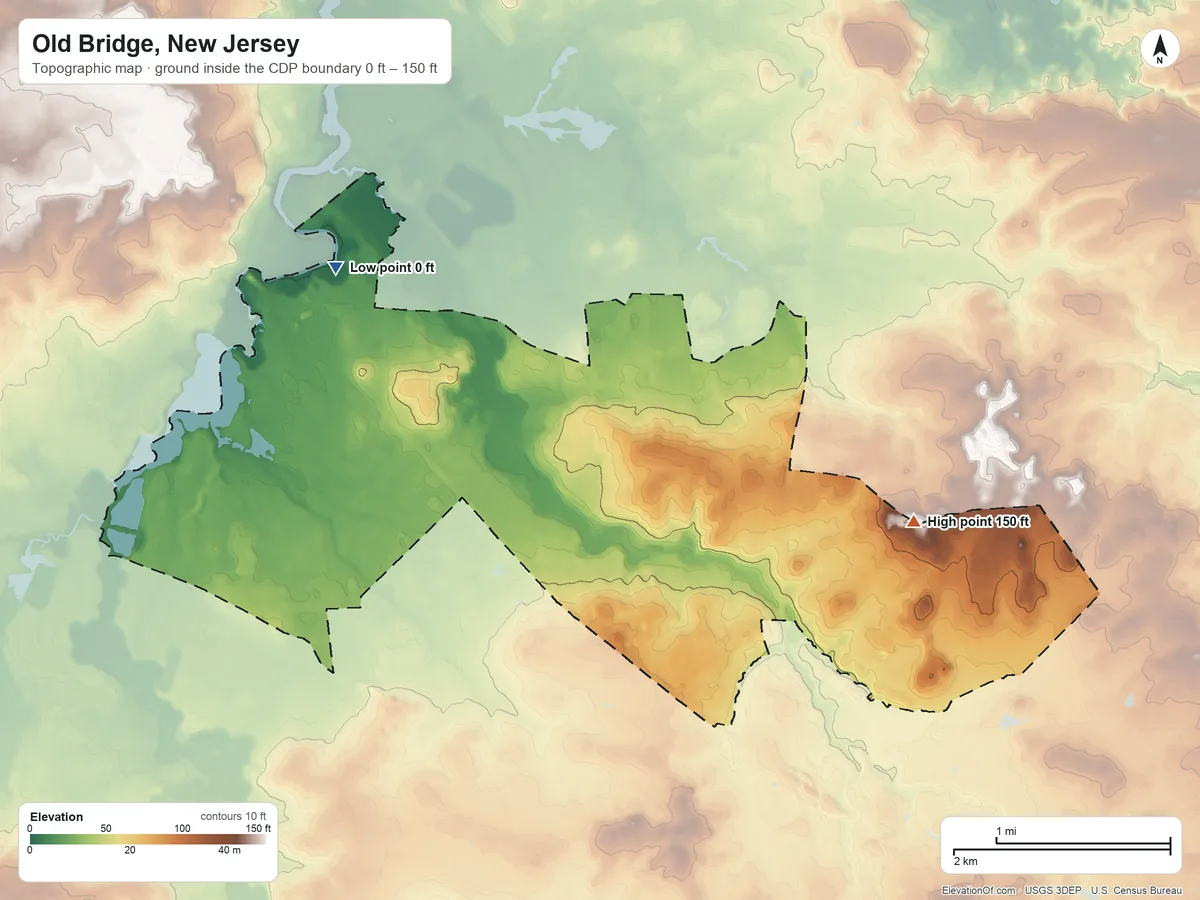 Topographic elevation map of Old Bridge, New Jersey, shaded from 0 ft on the northwest side to 150 ft on the east side