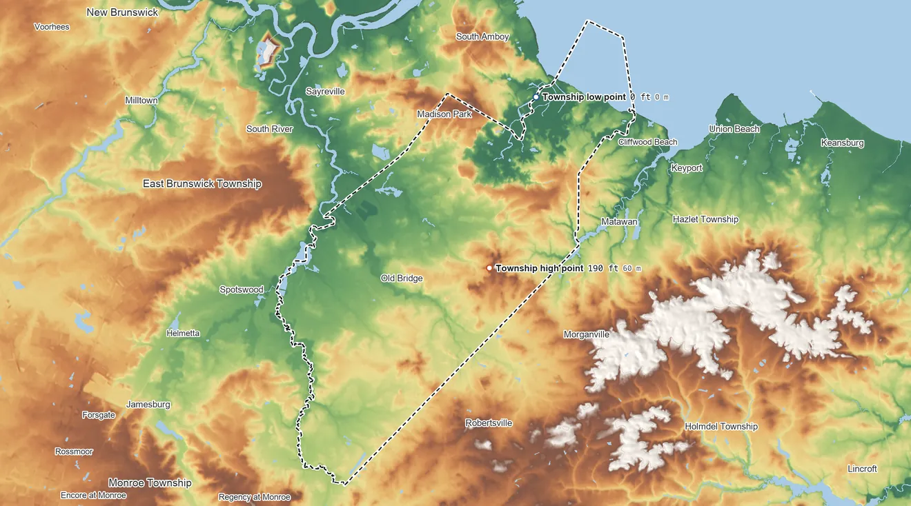 Topographic elevation map of Old Bridge Township, New Jersey, shaded from sea level level on Raritan Bay to 190 ft near the middle
