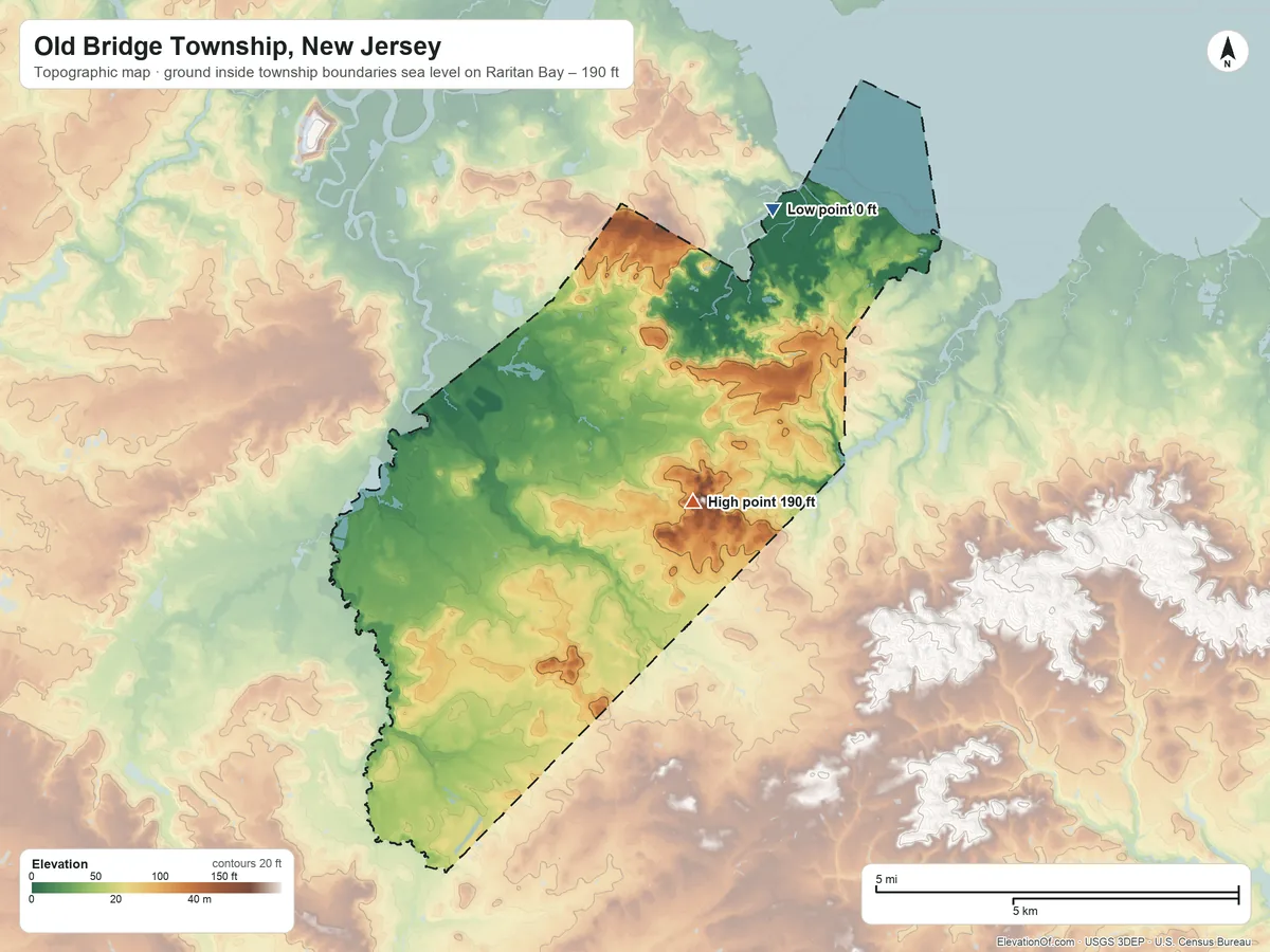 Topographic elevation map of Old Bridge Township, New Jersey, shaded from sea level level on Raritan Bay to 190 ft near the middle