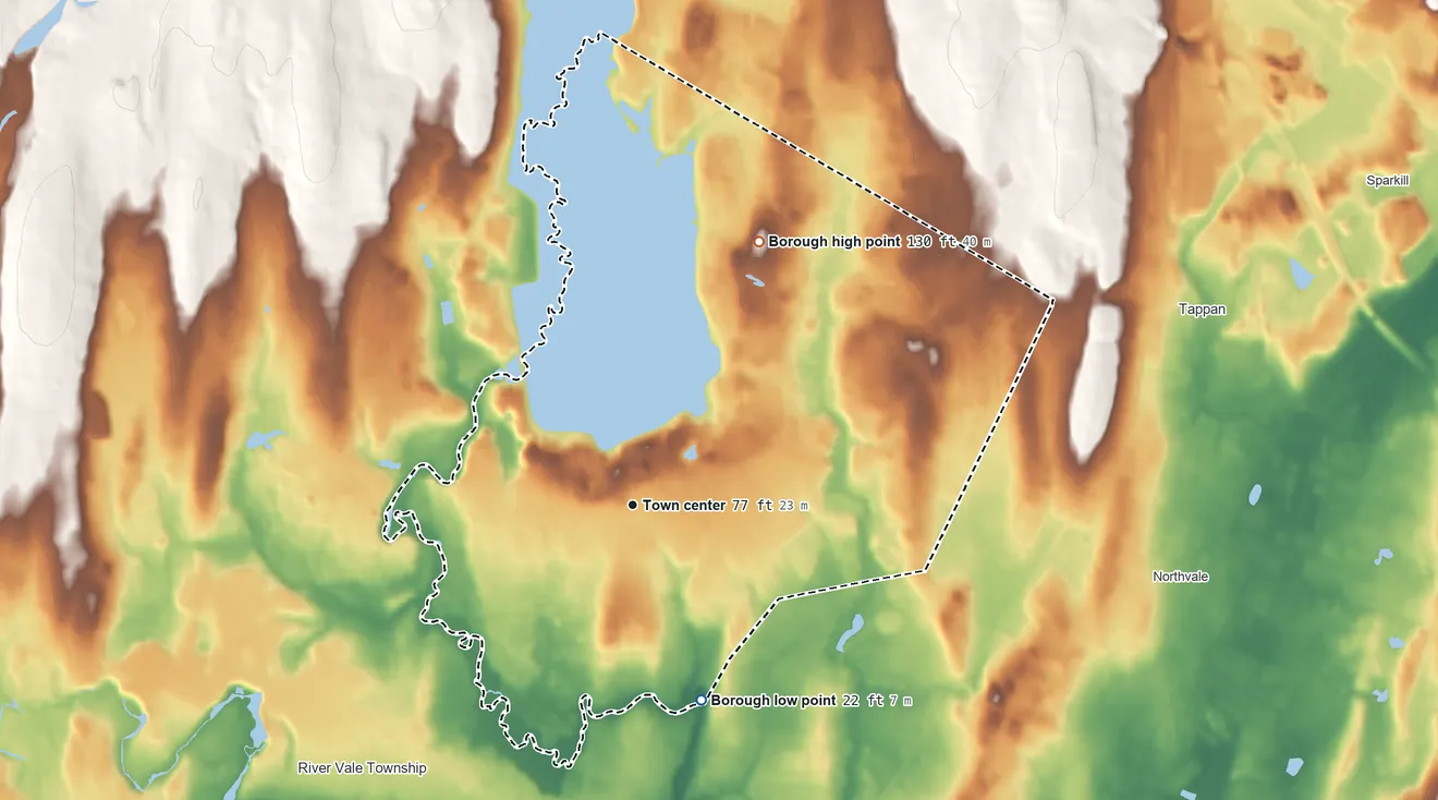 Topographic elevation map of Old Tappan, New Jersey, shaded from 22 ft on the south side to 130 ft on the northeast side