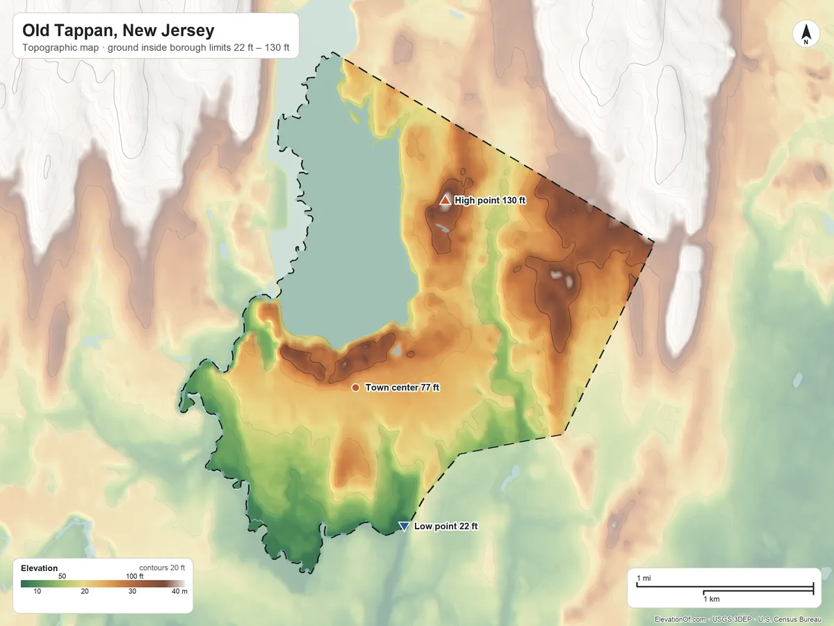 Topographic elevation map of Old Tappan, New Jersey, shaded from 22 ft on the south side to 130 ft on the northeast side