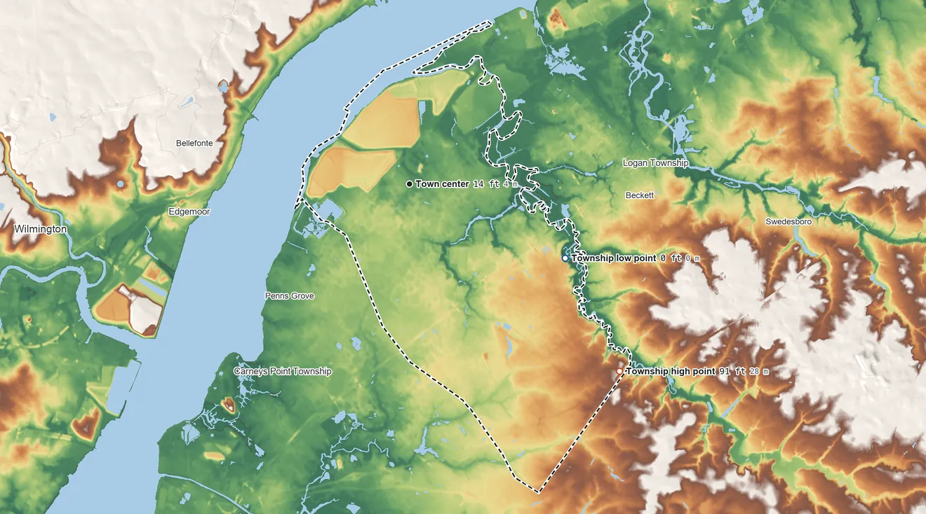 Topographic elevation map of Oldmans Township, New Jersey, shaded from 0 ft on the southeast side to 91 ft on the southeast side