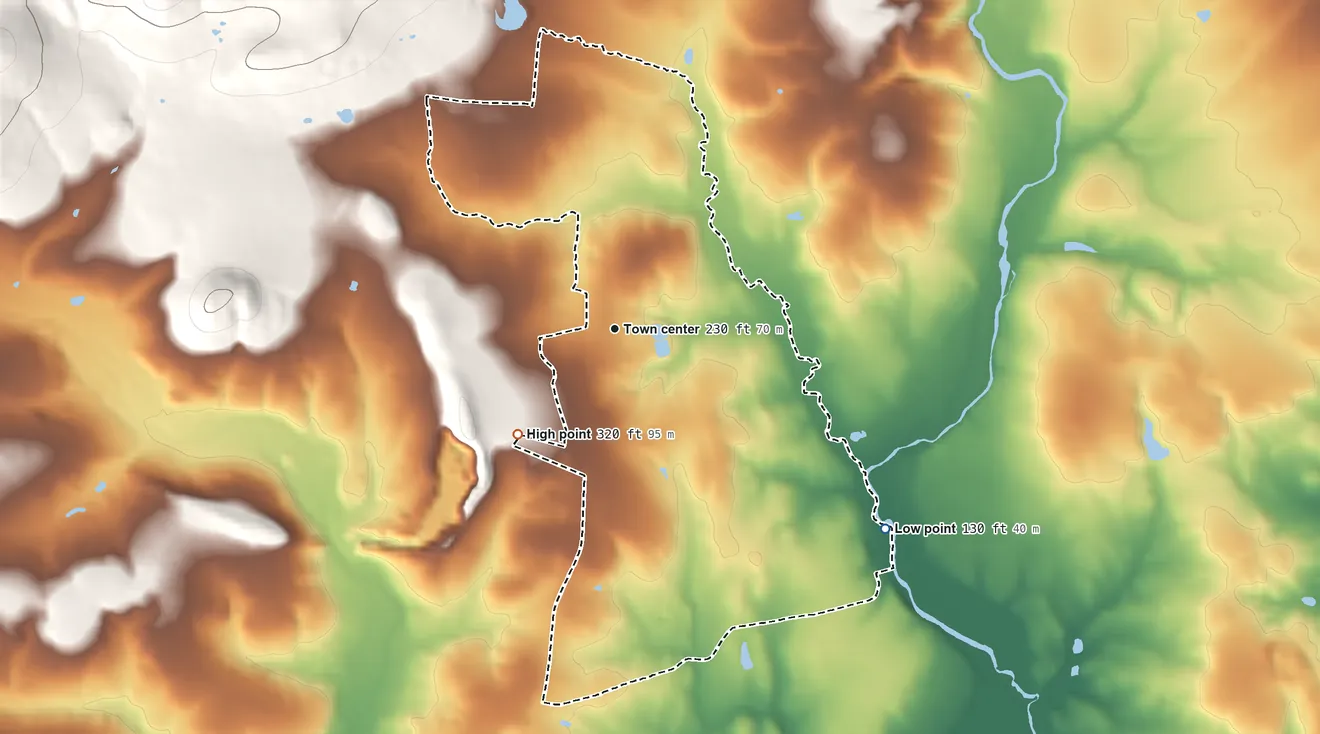Topographic elevation map of Oldwick, New Jersey, shaded from 130 ft on the southeast side to 320 ft at the foot of the Fox Hill Range