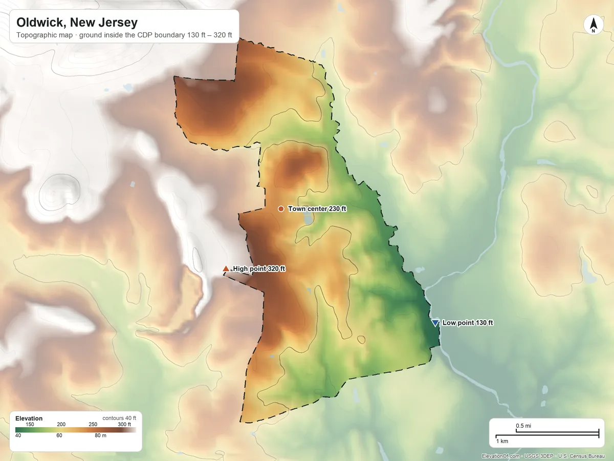 Topographic elevation map of Oldwick, New Jersey, shaded from 130 ft on the southeast side to 320 ft at the foot of the Fox Hill Range