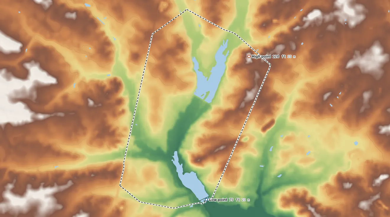 Topographic elevation map of Olivet, New Jersey, shaded from 75 ft on the south side to 120 ft on the north side