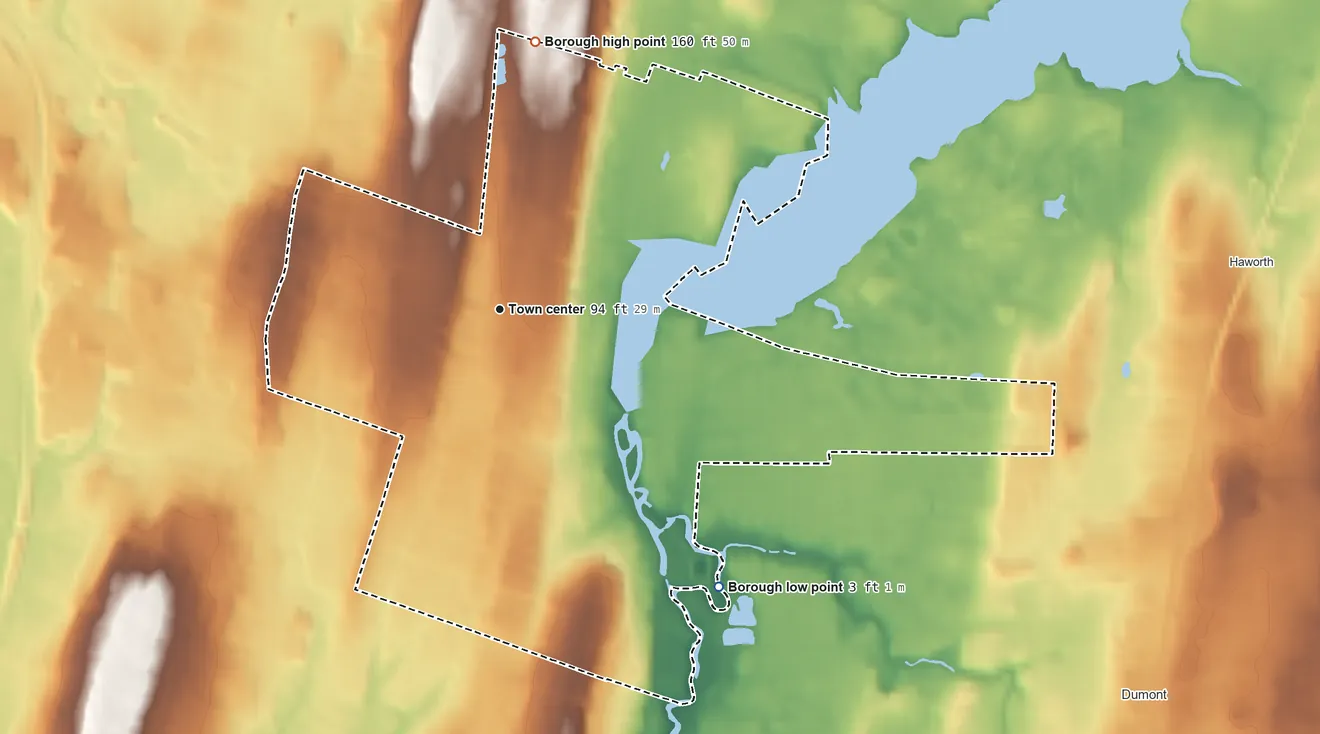 Topographic elevation map of Oradell, New Jersey, shaded from 3 ft on the southeast side to 160 ft on the north side
