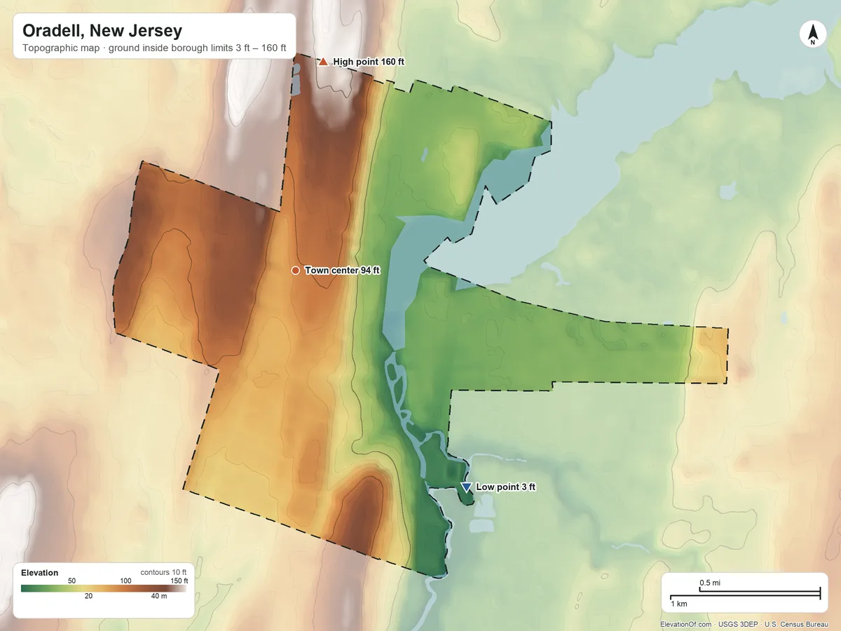 Topographic elevation map of Oradell, New Jersey, shaded from 3 ft on the southeast side to 160 ft on the north side