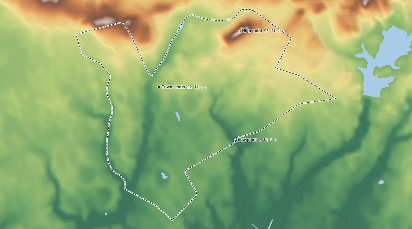 Topographic elevation map of Othello, New Jersey, shaded from 2 ft on the southeast side to 93 ft on Pine Mount