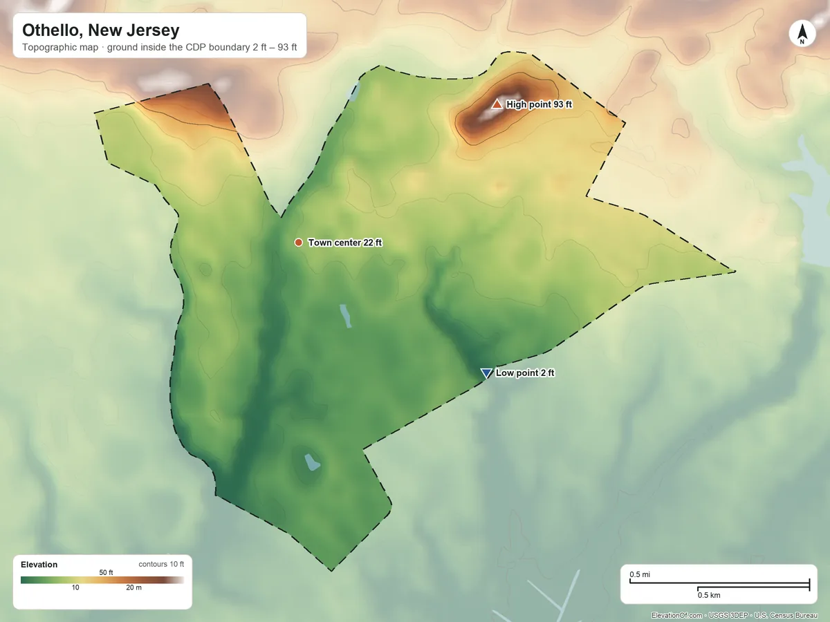 Topographic elevation map of Othello, New Jersey, shaded from 2 ft on the southeast side to 93 ft on Pine Mount