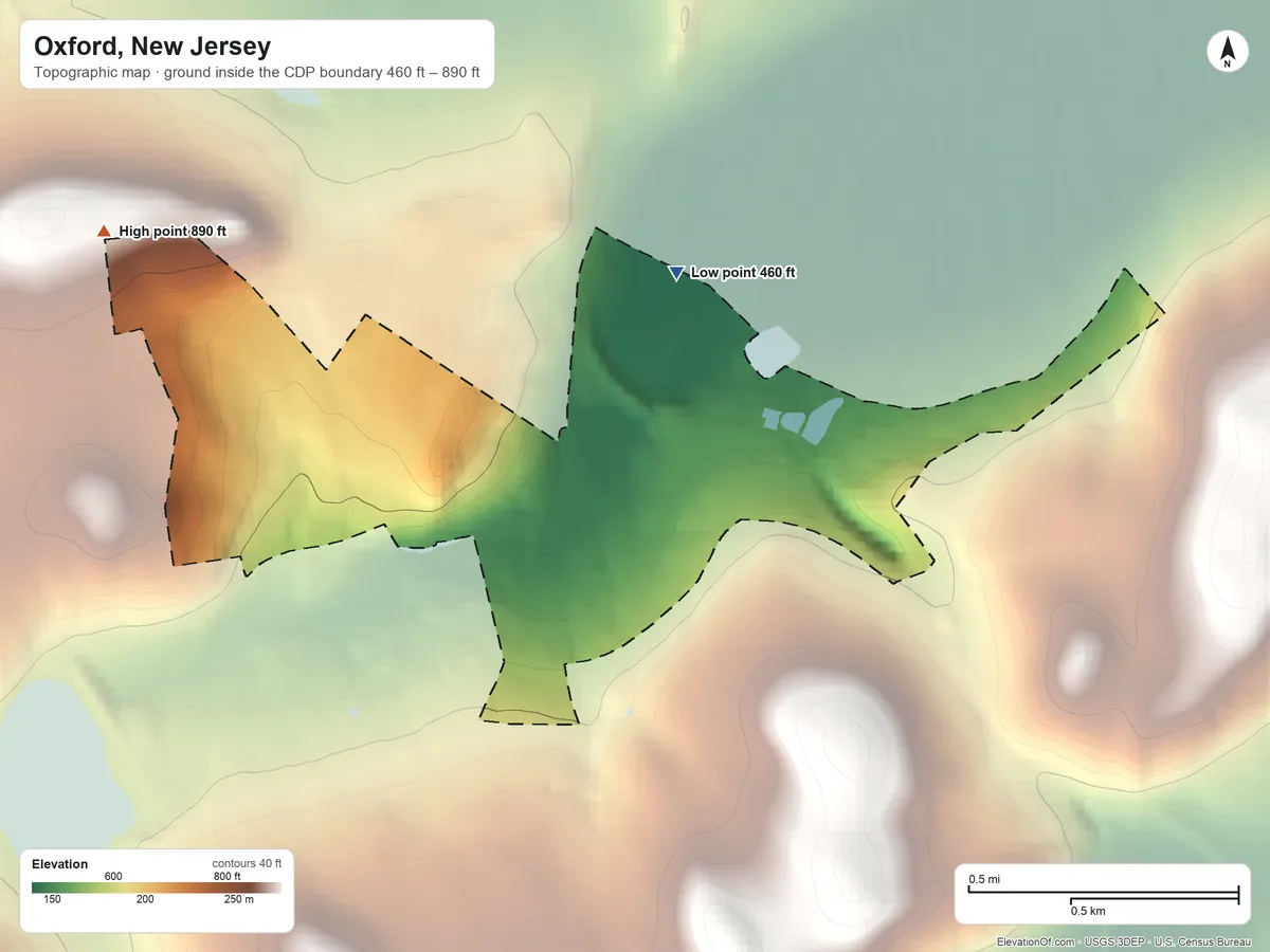 Topographic elevation map of Oxford, New Jersey, shaded from 460 ft on the northeast side to 890 ft on the northwest side