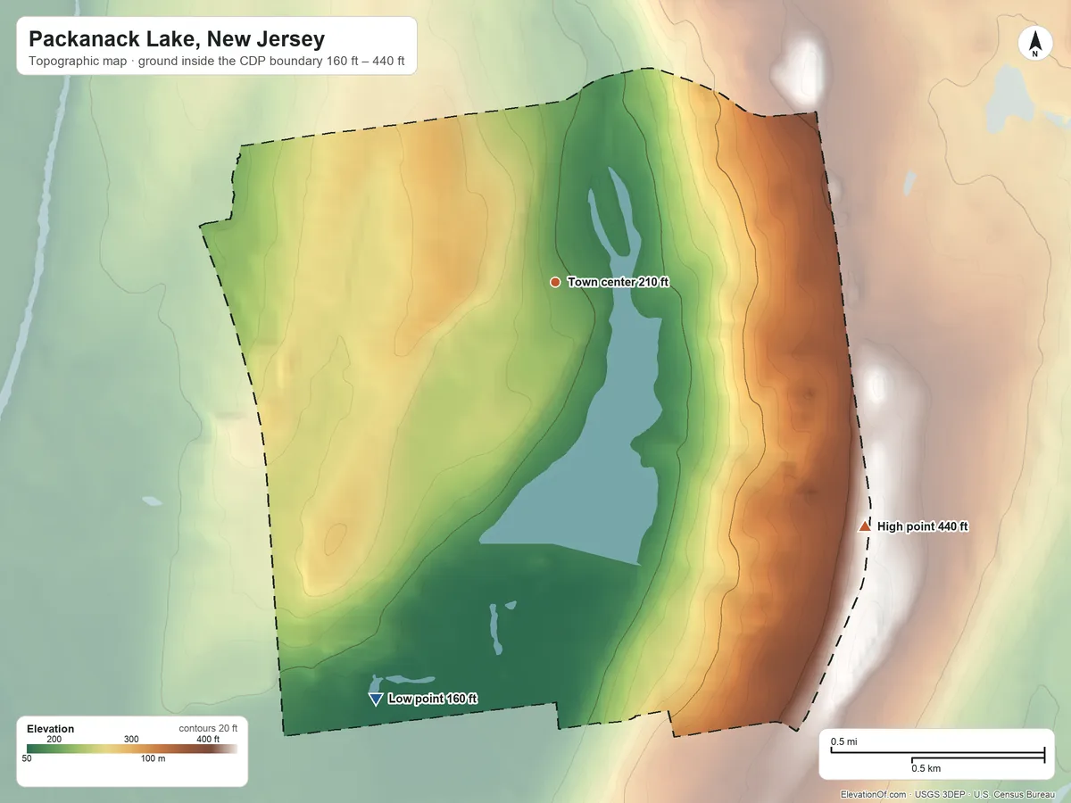 Topographic elevation map of Packanack Lake, New Jersey, shaded from 160 ft on the southwest side to 440 ft on the southeast side