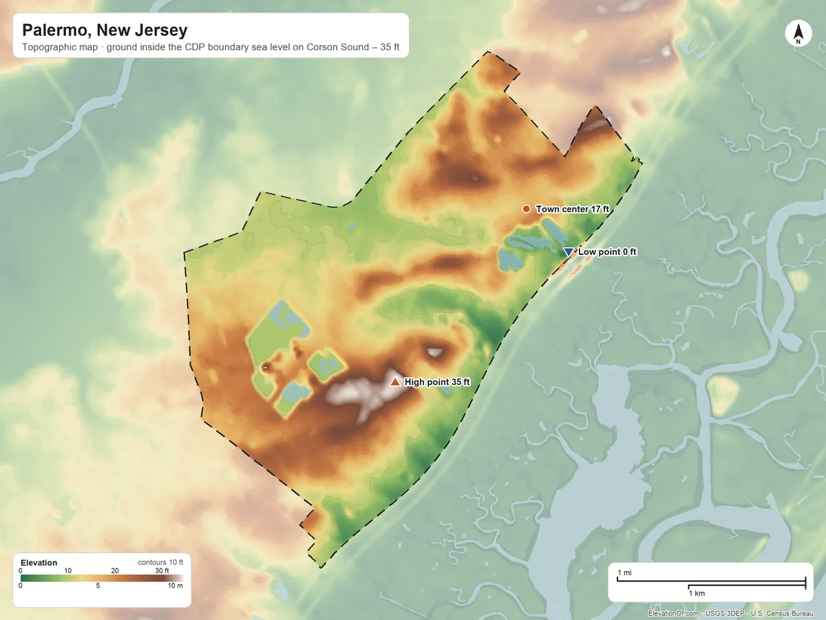 Topographic elevation map of Palermo, New Jersey, shaded from sea level level on Corson Sound to 35 ft on the southwest side