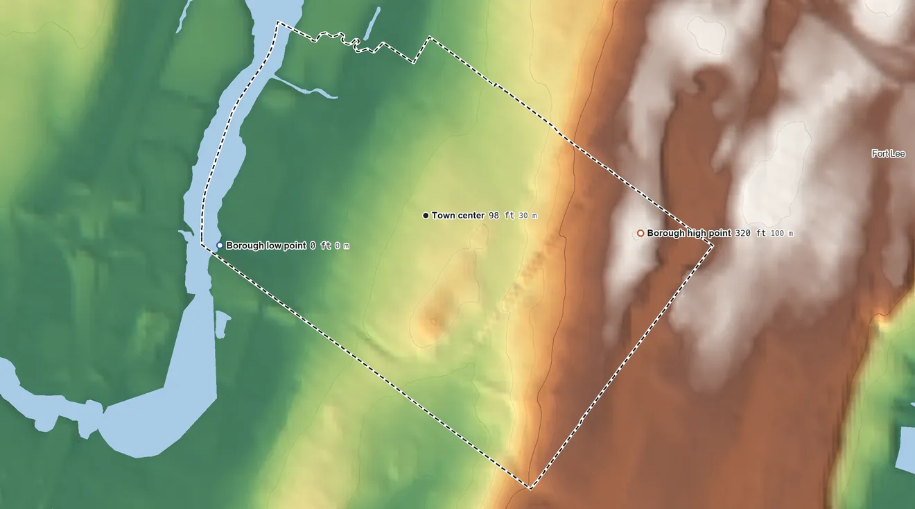 Topographic elevation map of Palisades Park, New Jersey, shaded from 0 ft on the west side to 320 ft on the east side