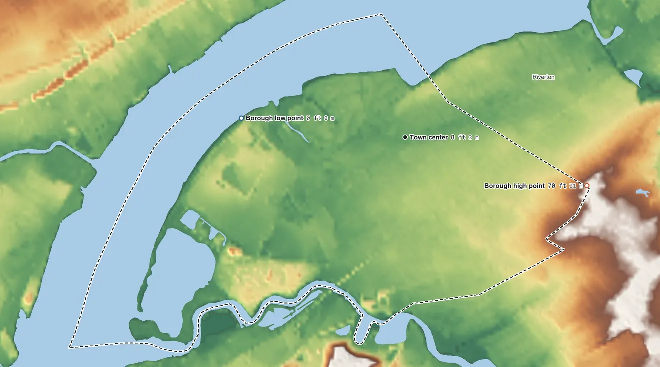 Topographic elevation map of Palmyra, New Jersey, shaded from 0 ft on the west side to 70 ft on the east side