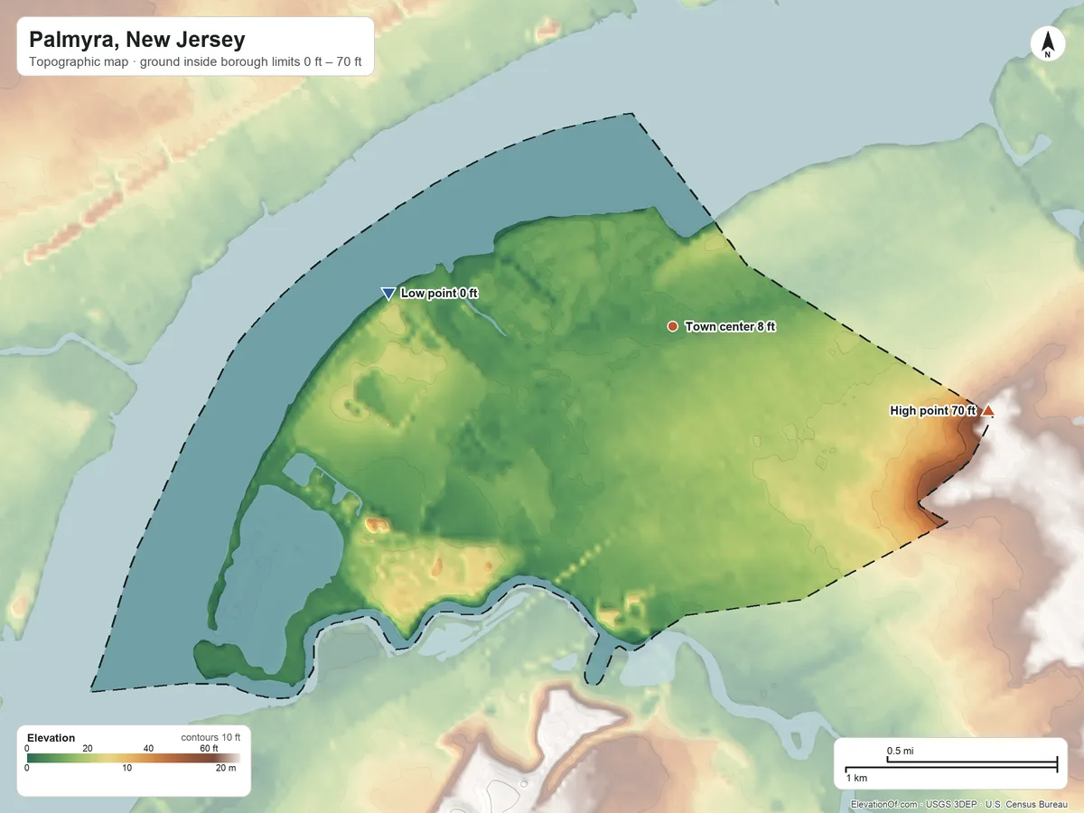 Topographic elevation map of Palmyra, New Jersey, shaded from 0 ft on the west side to 70 ft on the east side