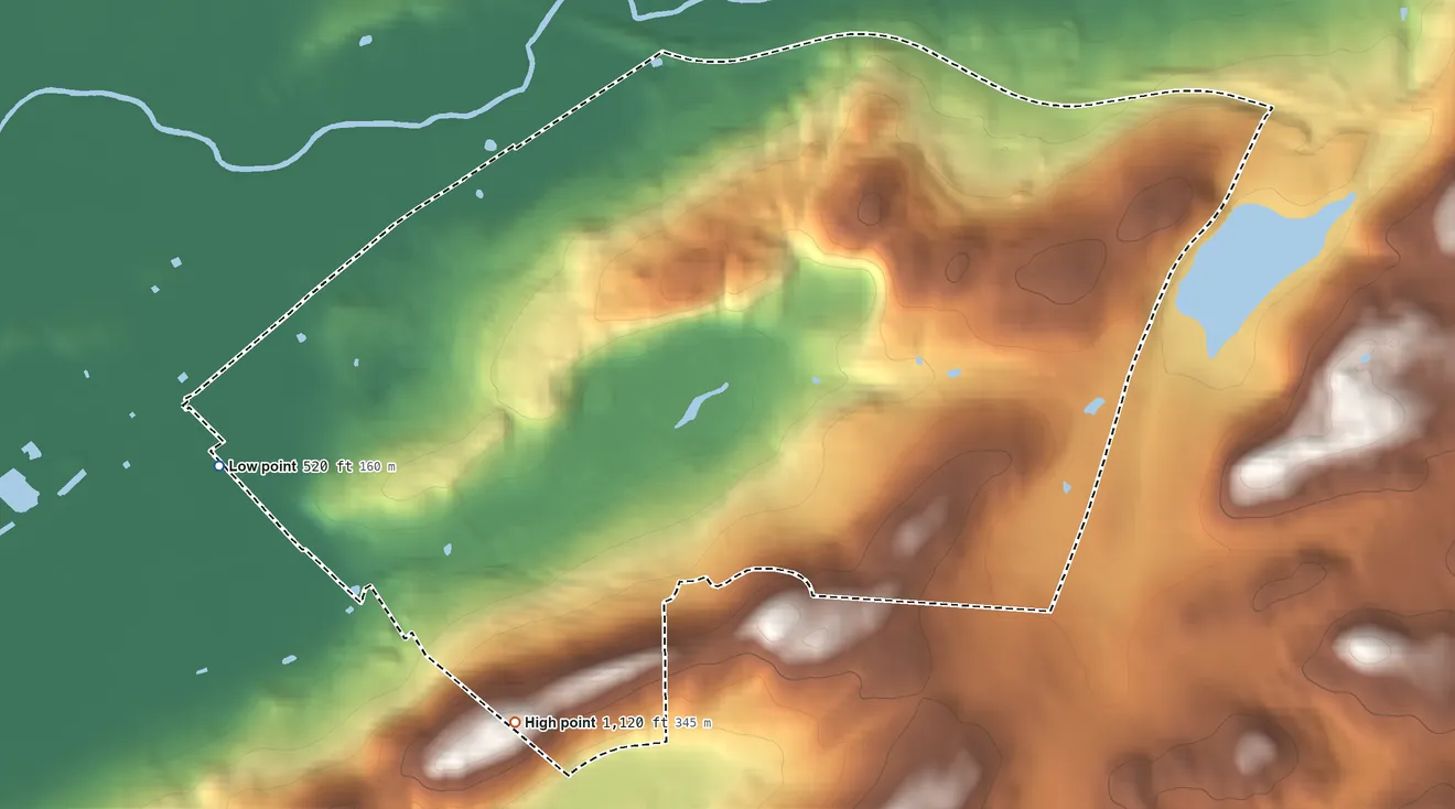 Topographic elevation map of Panther Valley, New Jersey, shaded from 520 ft on the west side to 1,120 ft on the southwest side