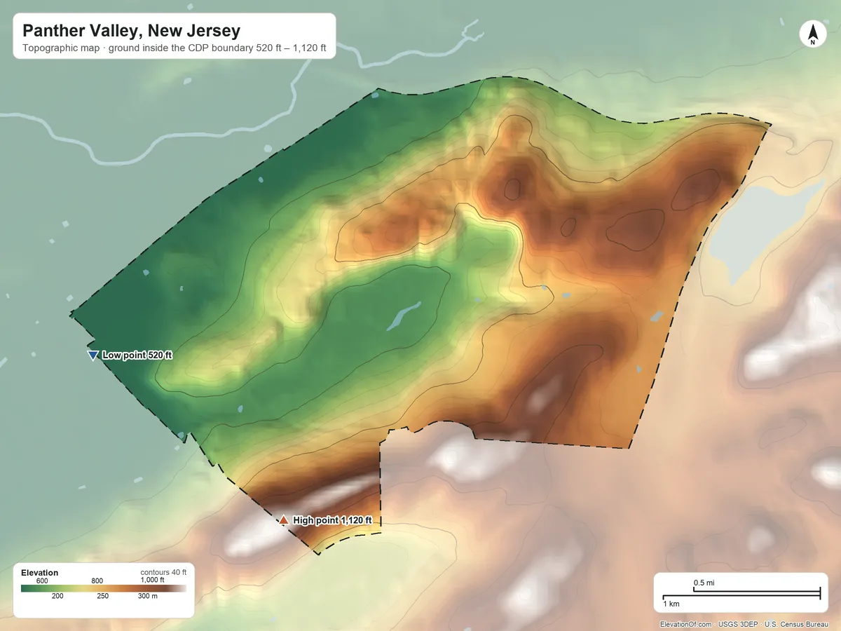 Topographic elevation map of Panther Valley, New Jersey, shaded from 520 ft on the west side to 1,120 ft on the southwest side