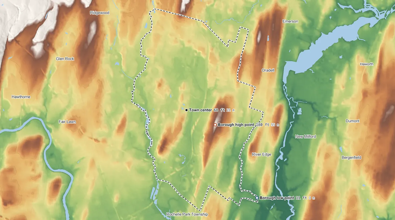 Topographic elevation map of Paramus, New Jersey, shaded from 11 ft on the southeast side to 180 ft on the southeast side