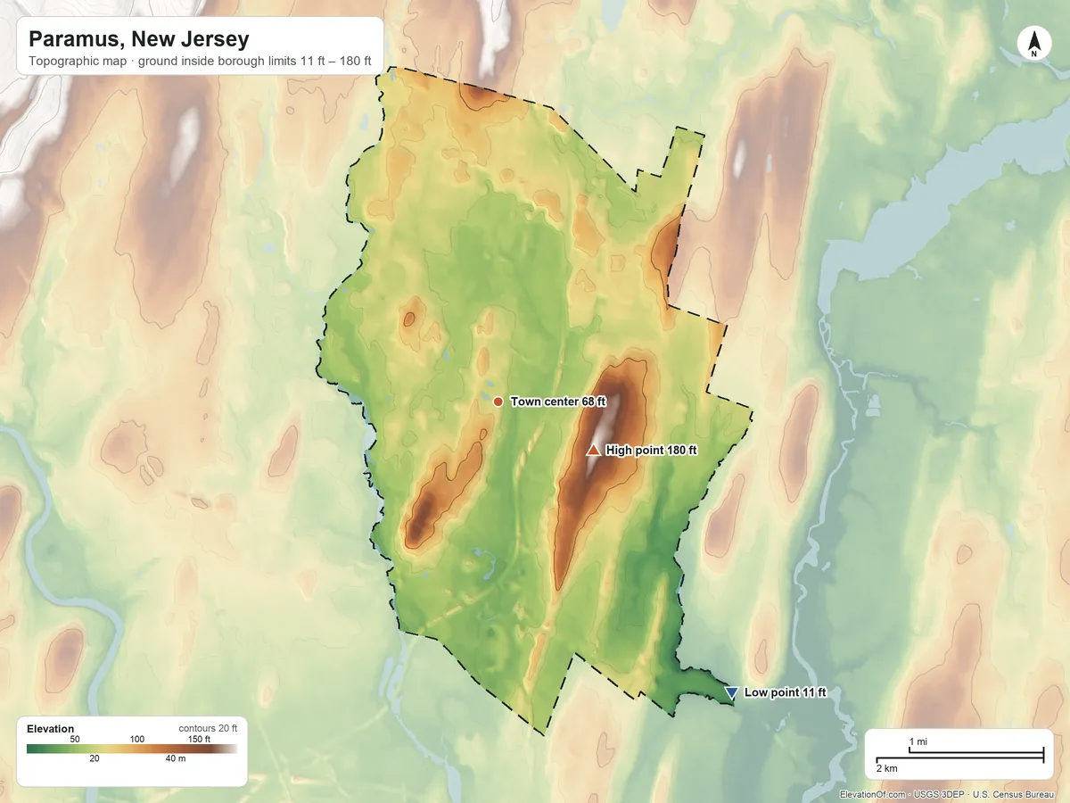 Topographic elevation map of Paramus, New Jersey, shaded from 11 ft on the southeast side to 180 ft on the southeast side