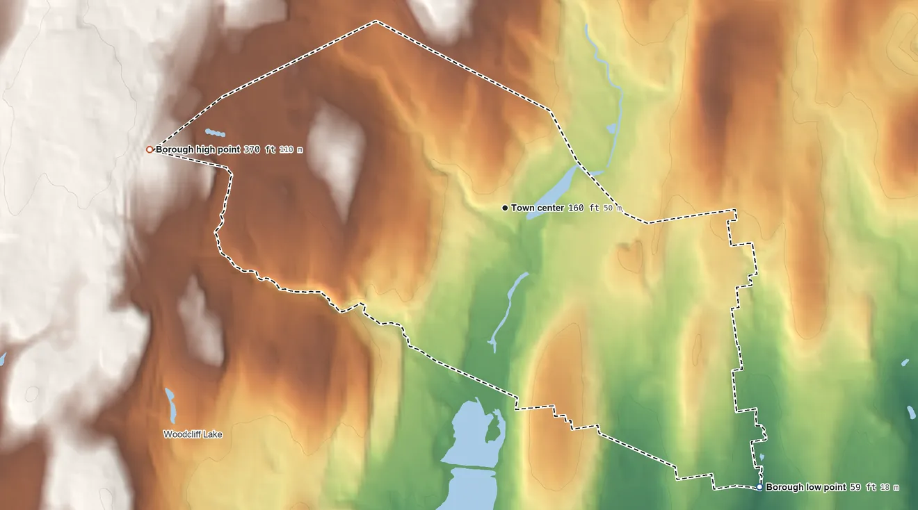 Topographic elevation map of Park Ridge, New Jersey, shaded from 59 ft on the southeast side to 370 ft on the west side