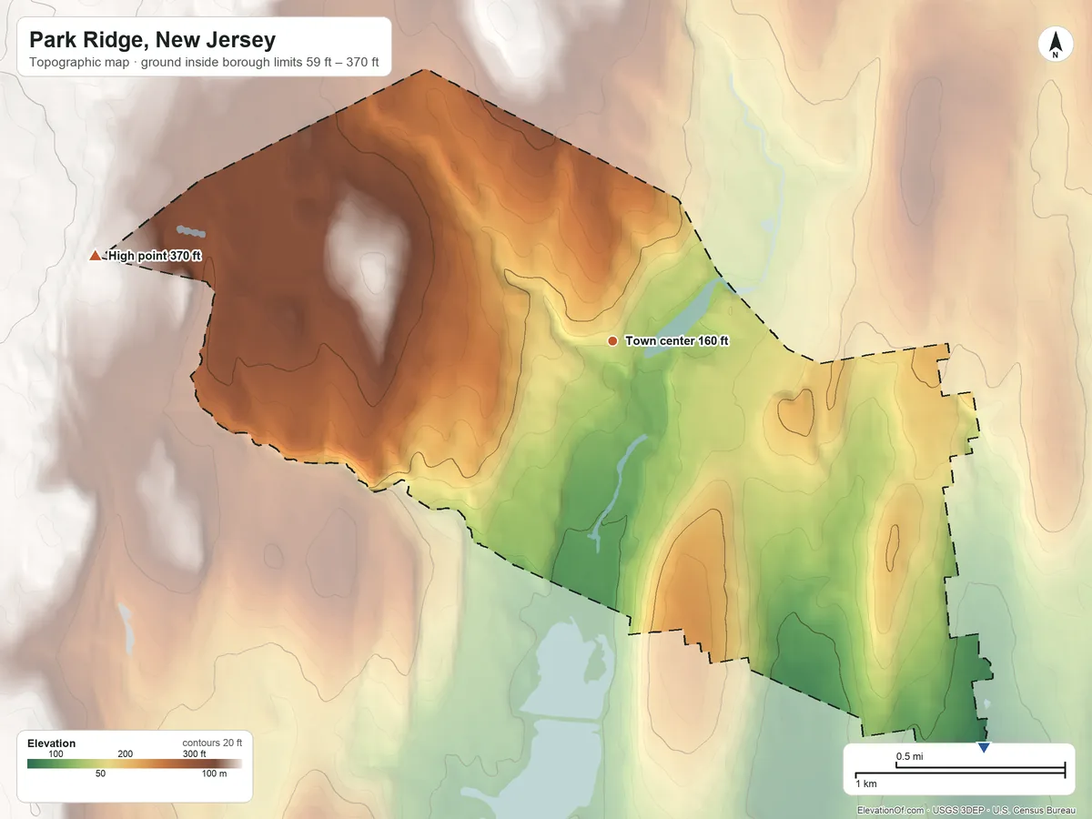 Topographic elevation map of Park Ridge, New Jersey, shaded from 59 ft on the southeast side to 370 ft on the west side