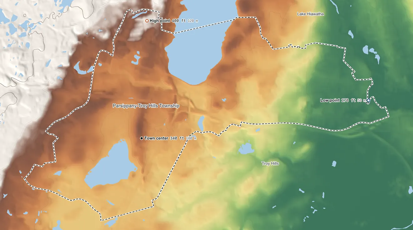 Topographic elevation map of Parsippany, New Jersey, shaded from 170 ft on the east side to 400 ft at the foot of the Watchung Mountains