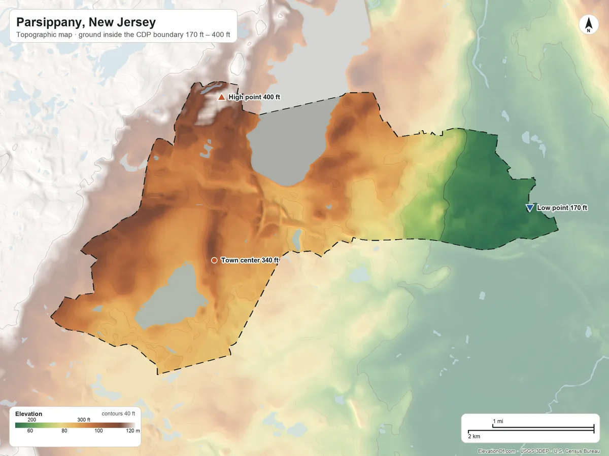 Topographic elevation map of Parsippany, New Jersey, shaded from 170 ft on the east side to 400 ft at the foot of the Watchung Mountains