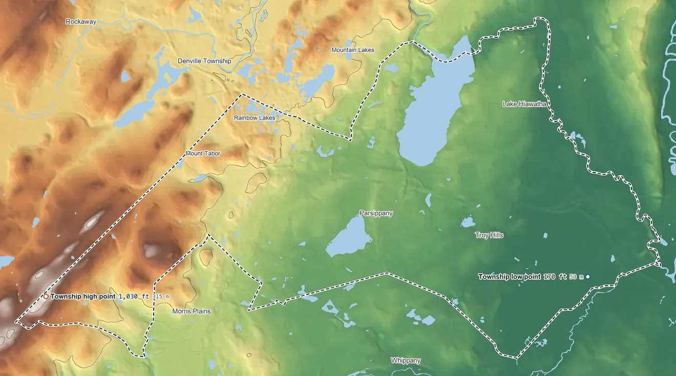 Topographic elevation map of Parsippany-Troy Hills Township, New Jersey, shaded from 170 ft on the southeast side to 1,030 ft on the west side