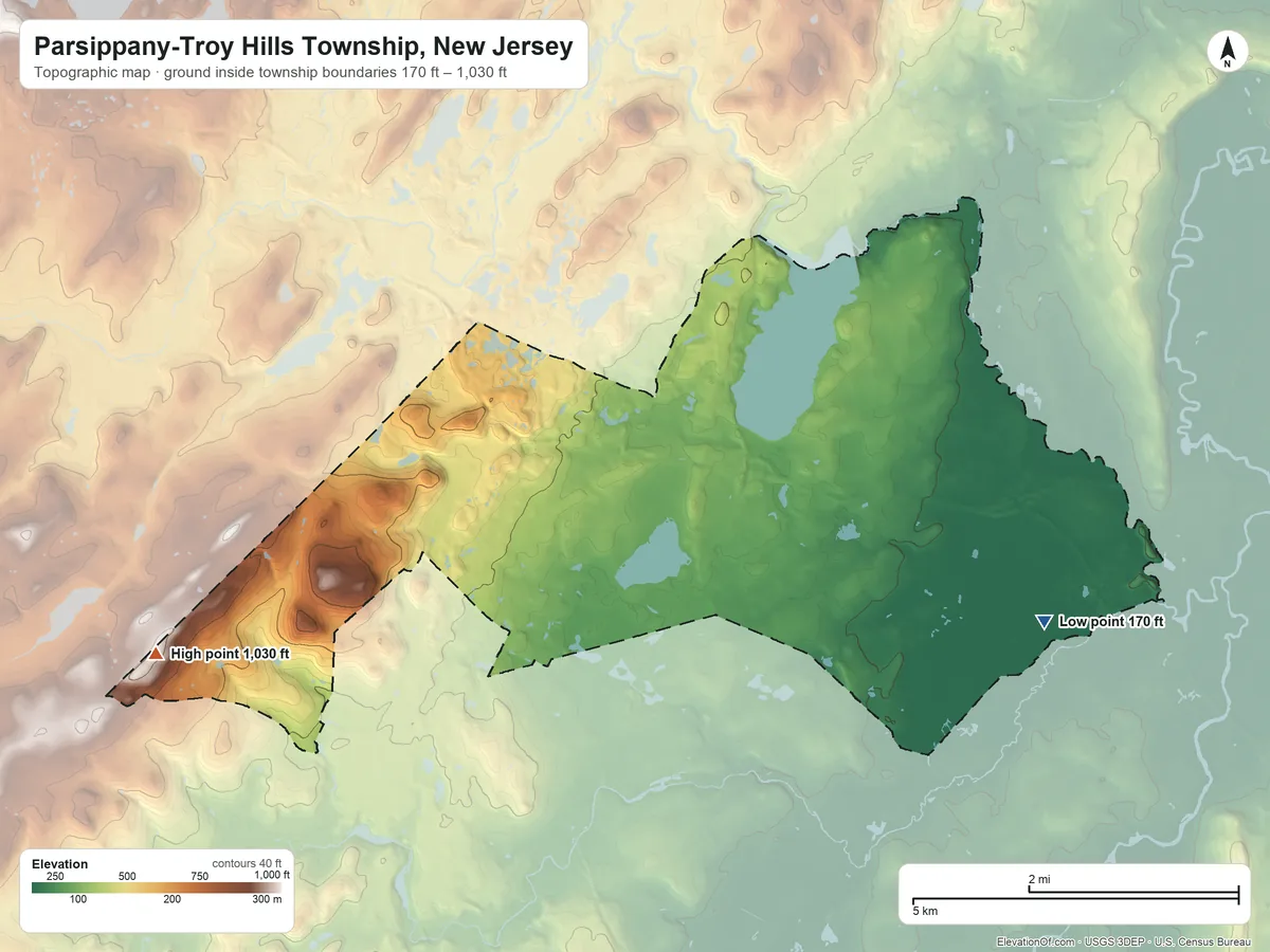 Topographic elevation map of Parsippany-Troy Hills Township, New Jersey, shaded from 170 ft on the southeast side to 1,030 ft on the west side