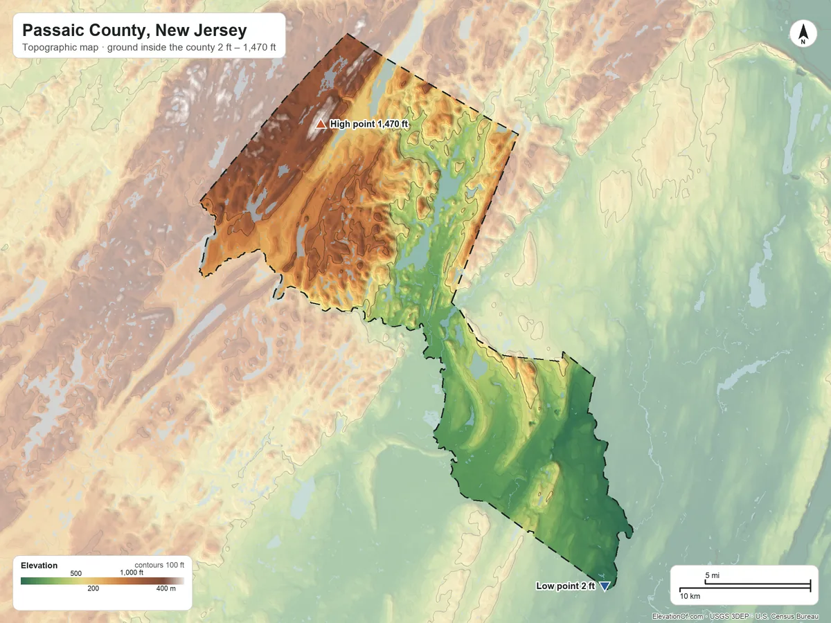 Topographic elevation map of Passaic County, New Jersey, shaded from 2 ft on the southeast side to 1,470 ft on Bearfort Mountain