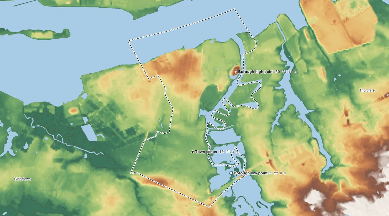 Topographic elevation map of Paulsboro, New Jersey, shaded from 0 ft on the southeast side to 50 ft on the northeast side