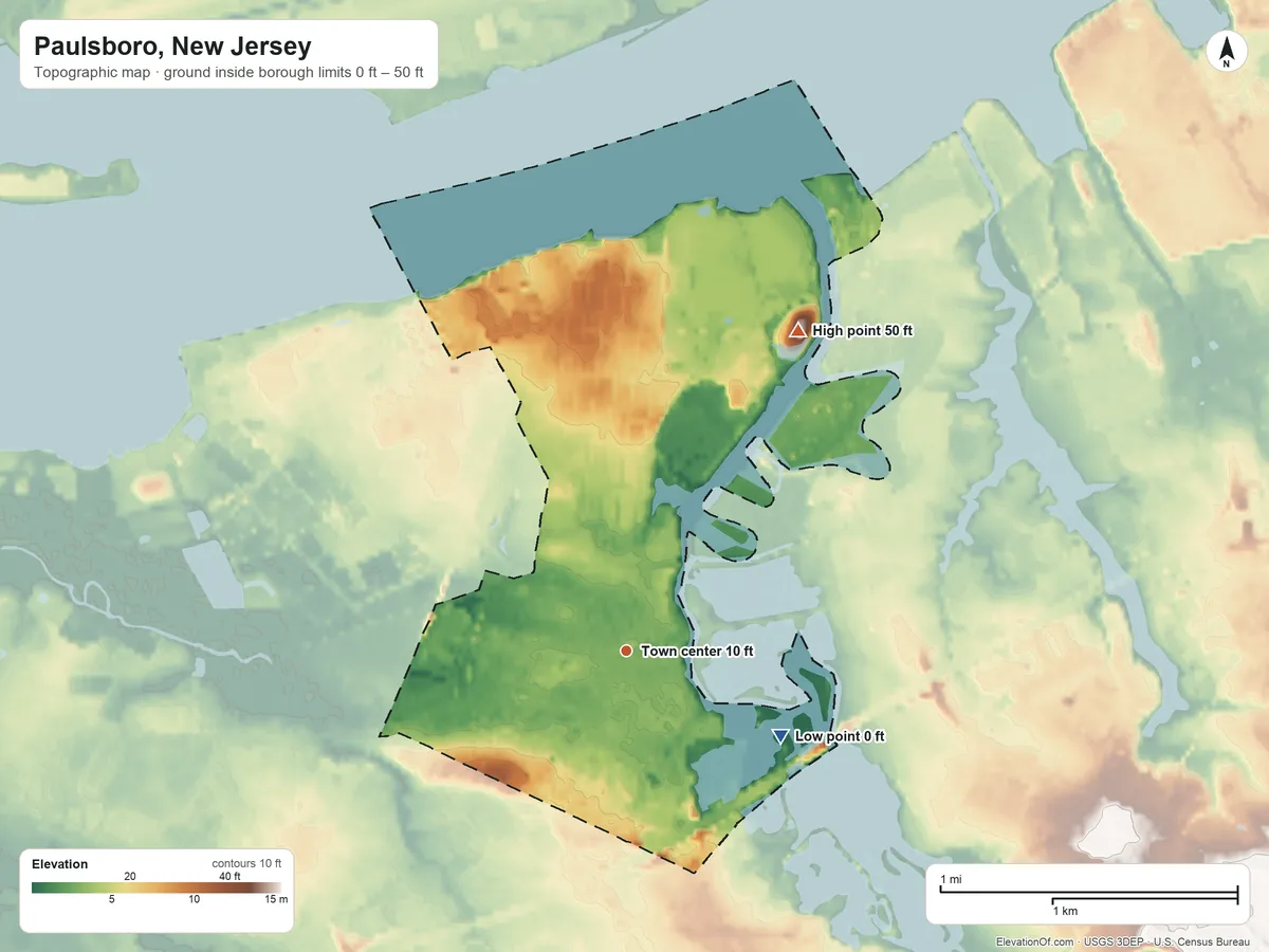 Topographic elevation map of Paulsboro, New Jersey, shaded from 0 ft on the southeast side to 50 ft on the northeast side