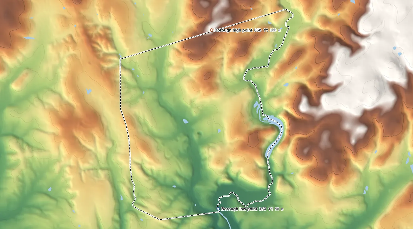 Topographic elevation map of Peapack and Gladstone, New Jersey, shaded from 160 ft on the south side to 660 ft on the north side