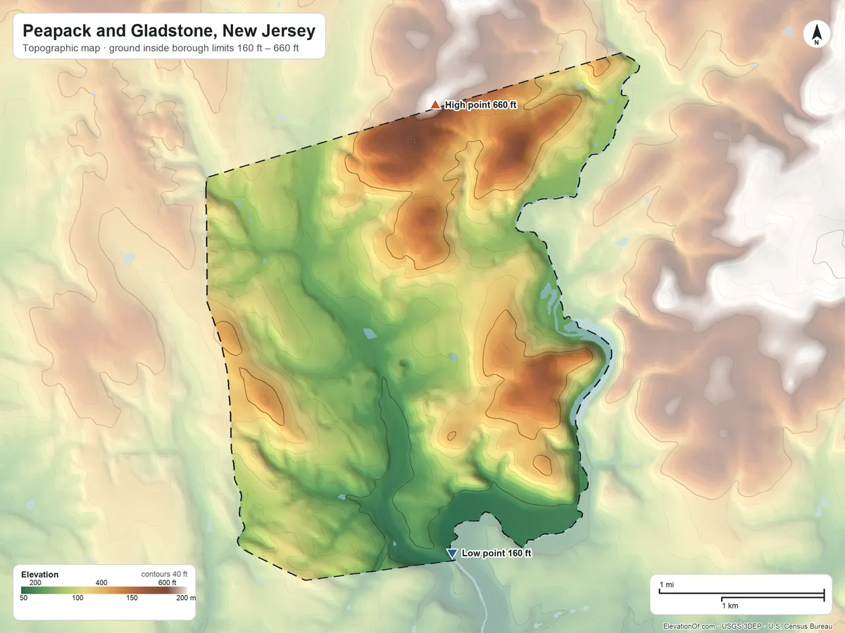 Topographic elevation map of Peapack and Gladstone, New Jersey, shaded from 160 ft on the south side to 660 ft on the north side