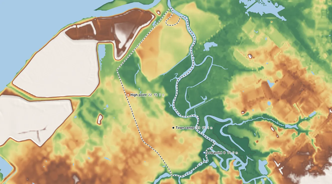 Topographic elevation map of Pedricktown, New Jersey, shaded from 0 ft on the southeast side to 22 ft on the northwest side